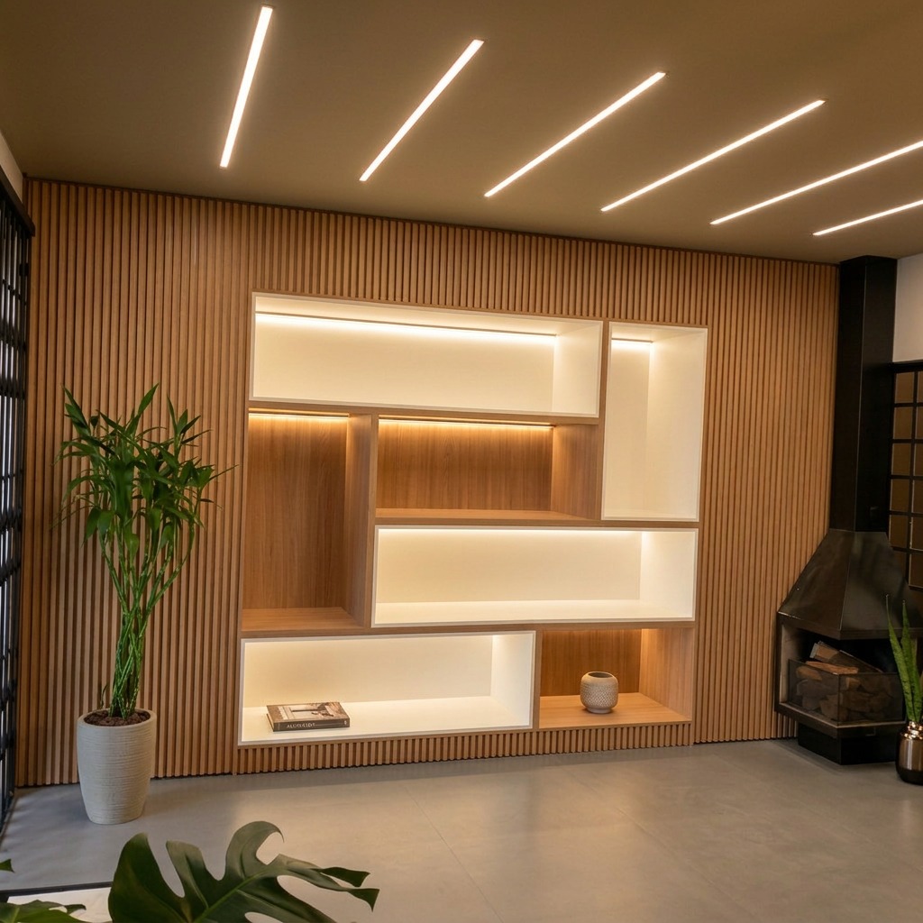 Painel ripado com nichos e iluminação LED sob medida — sala planejada Curitiba
